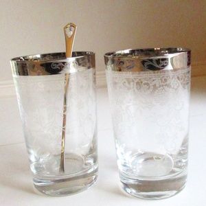 Mikimoto International Etched Highball glasses & silver stirrer